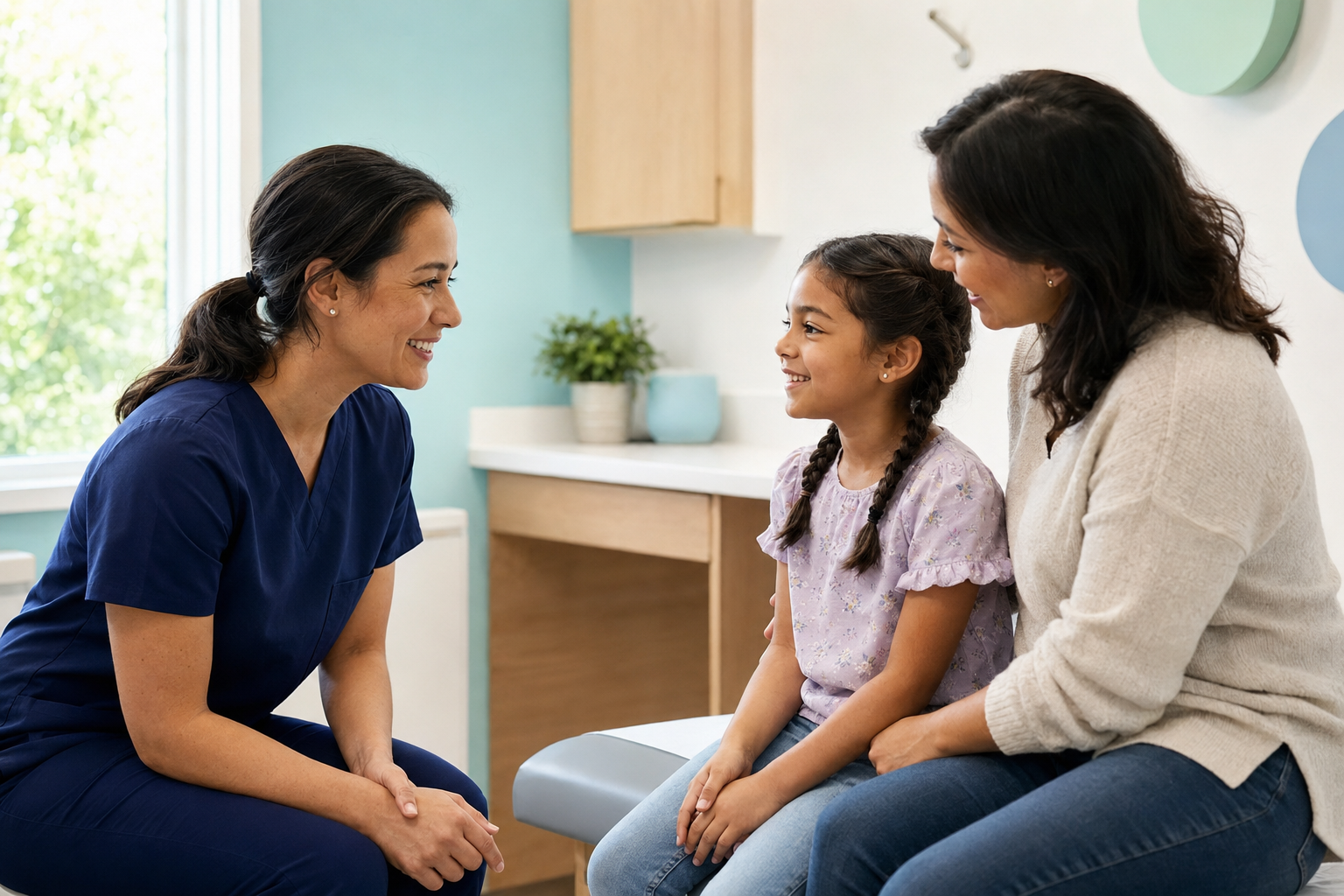 A pediatric clinician speaking with a child and parent